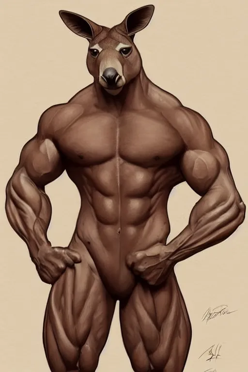 Prompt: art of a buff and muscular anthropomorphic kangaroo wearing clothes, full body, highly detailed, digital painting, trending on artstation, concept art, sharp smooth focus, illustration, art by artgerm and alphonse mucha