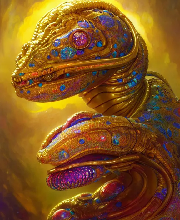 Image similar to intricate golden portrait of a disturbing beautiful alien snake creature covered in colorful crystals, mottling coloring, adorable, childlike, medical equipment hospital environment, ultra realistic, concept art, art nouveau, photorealistic, octane render, 8 k, unreal engine. art by christopher marley and artgerm and greg rutkowski and alphonse mucha