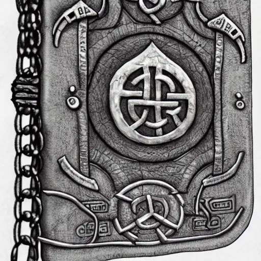 Prompt: an ancient leather-bound spellbook with heavy metal chains and clasps inscribed with runes; detailed video game concept art trending on artstation