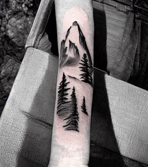 Image similar to double exposure effect tattoo design sketch of megan fox with beautiful mountain scenery, realism tattoo, in the style of matteo pasqualin, amazing detail, sharp