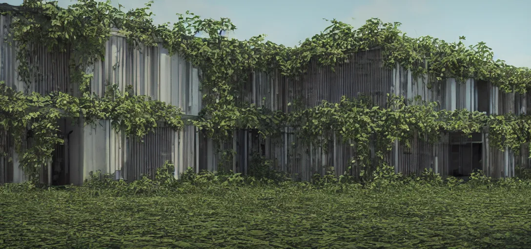 Prompt: exterior abandoned modern building architecture, some vines, daylight, volumetric, hyper realistic, artstation photo realististic, 8k cinematic, high texture detail,