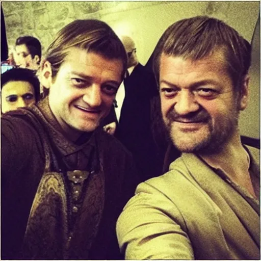 Image similar to “Joffrey Baratheon, taking a selfie with Ned Stark”