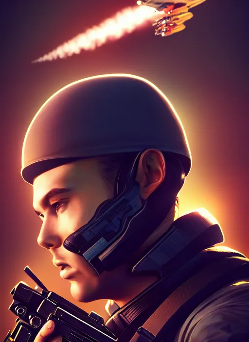 Prompt: side profile centered portrait, man with a gun, spaceship in the background, by artgerm, miles johnstone, frames,. poster, 8 k. elegant, intricate, octane render