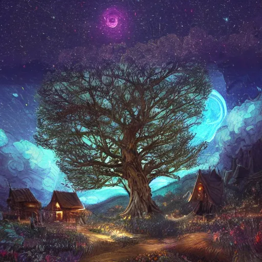 Image similar to magical tree, starry night, trending on artstation, pixiv, hyperdetailed Unreal Engine 4k 8k ultra HD, Stanley Artgerm Lau, WLOP, Rossdraws, James Jean Marc Simonetti Ruan Jia and Mandy Jurgens and Artgerm and William-Adolphe Bouguerea Sakimichan, yuru camp, illustration, digital art, concept art