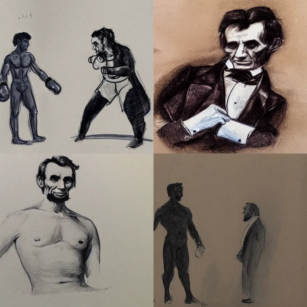 Prompt: A courtroom sketch of shirtless Abraham Lincoln boxing a Panda Bear