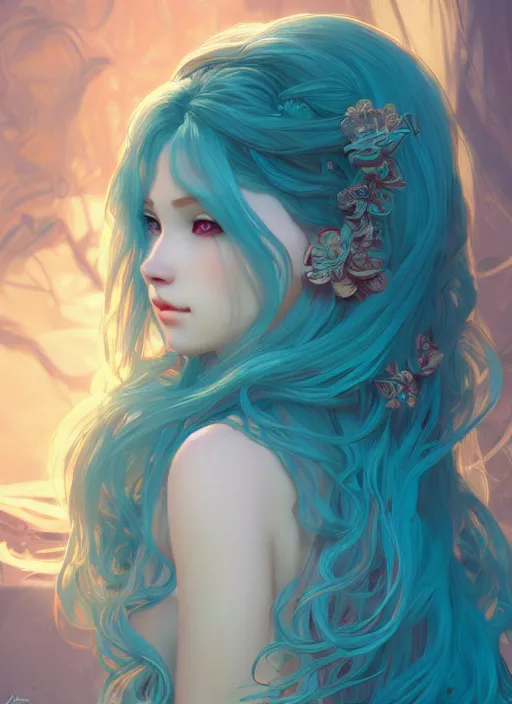 Image similar to beautiful girl with long turqoise hair, cute, intricate, highly detailed, digital painting, trending on artstation, concept art, smooth, sharp focus, illustration, unreal engine 5, 8 k, art by artgerm and alphonse mucha