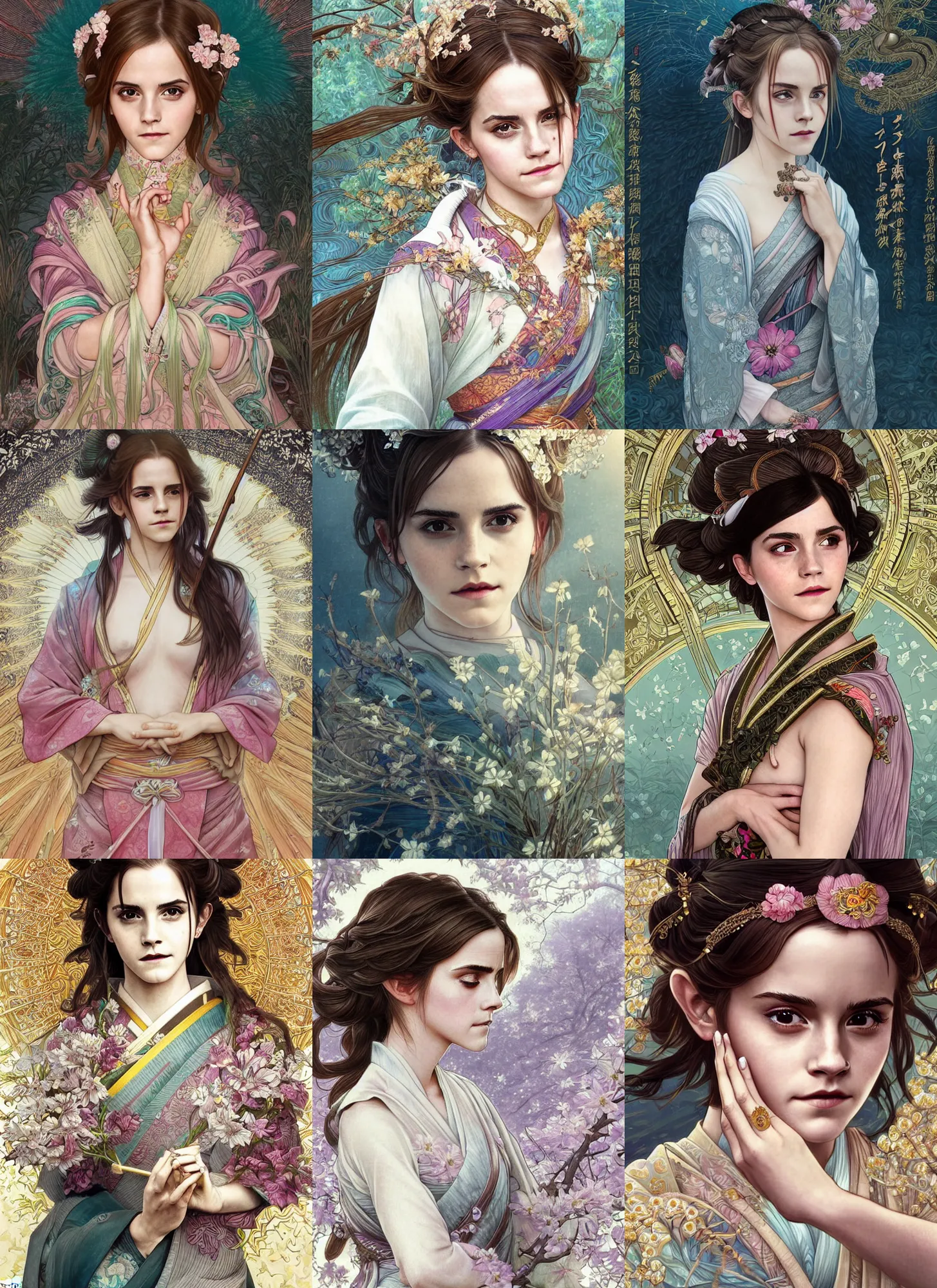 Image similar to Emma Watson as a Japanese Goddess, cute, fantasy, intricate, elegant, highly detailed, digital painting, 4k, HDR, concept art, smooth, sharp focus, illustration, art by artgerm and H R Giger and alphonse mucha