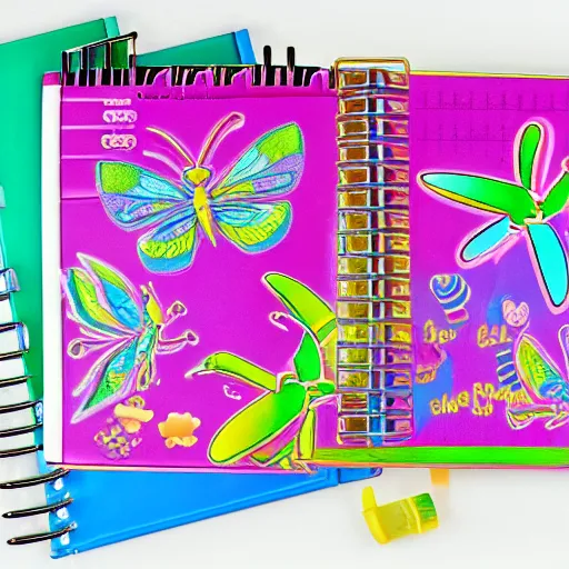 Image similar to lisa frank new school planner series, rainbow neon technicolor insects