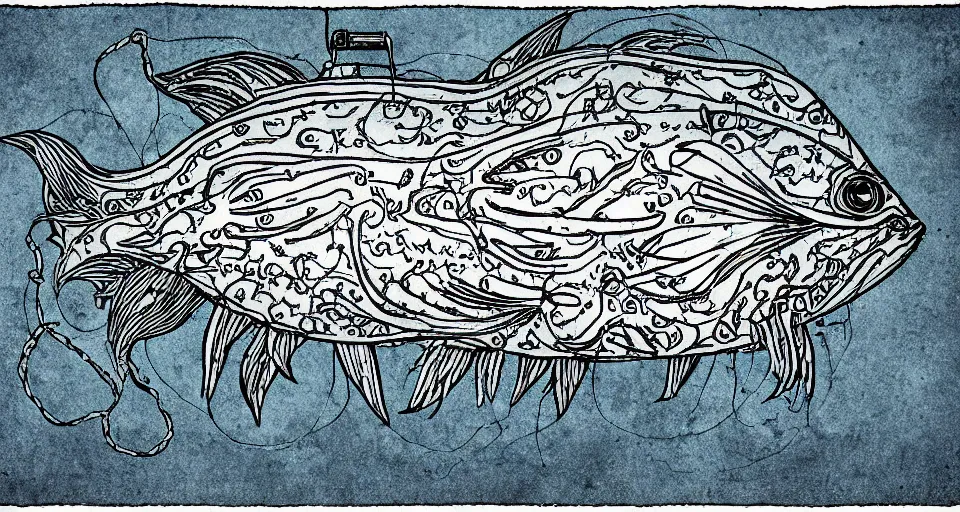 Image similar to illustration of an angler fish, lantern fish, deep sea, stylized linework, ornamentation, artistic, muted color wash