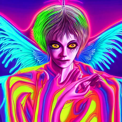 Image similar to a detailed painting of a demon poorly disguised as an angel by Junji ito and Lisa frank, neon color scheme, artstation,8k,artstationHD,artstationHQ, cinematic, diffuse lighting