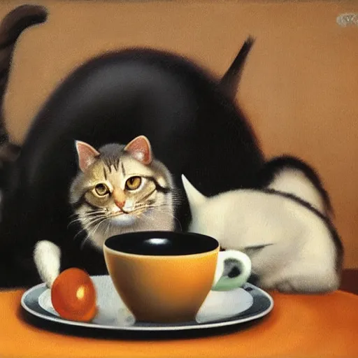 Image similar to highly detailed, 4k, oil painting of cats drinking coffee by Caravaggio, Matisse, and Rothko, surrealism, rendered by unreal engine