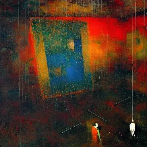 Prompt: a mechanical god hangs from the ceiling in a cold and empty room, a high detailed mordecai ardon painting, by adrian ghenie and gerhard richter. art by james gurney. masterpiece, deep colours.