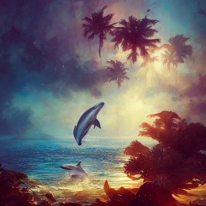 Prompt: dolphin swimming underwater, golden hour, god rays, coral reef, dreamscape by artgerm and ruan jia and ismail inceoglu and greg olsen, cosmos, milky way galaxy, masterpiece, beautiful, intricate, elegant, highly detailed, palm trees