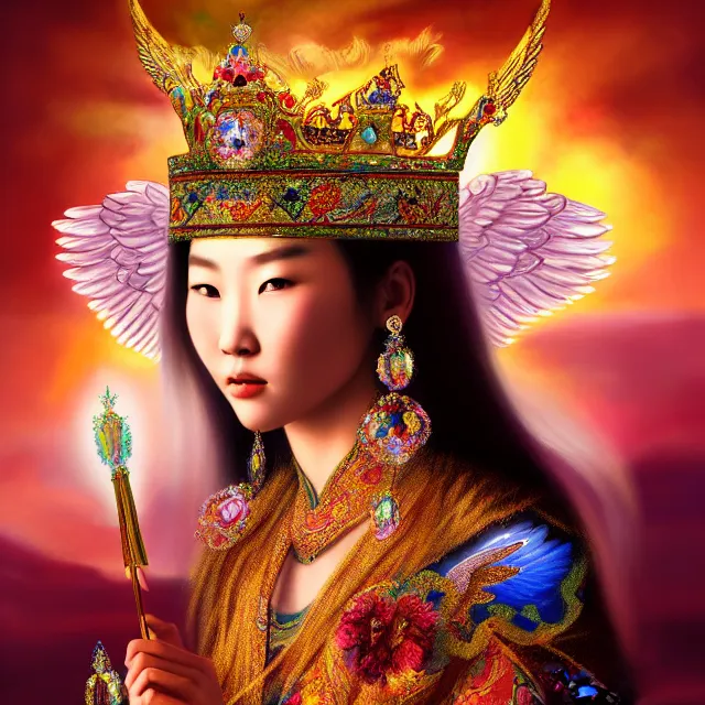 Prompt: beautiful asian mongolian princess goddess with angelic wings in a sensual pose, princess wearing a crown with gemstones, near lake baikal, atmospheric lighting, painted, intricate, volumetric lighting, beautiful, rich deep colours masterpiece, sharp focus, ultra detailed, in the style of bagshaw tom