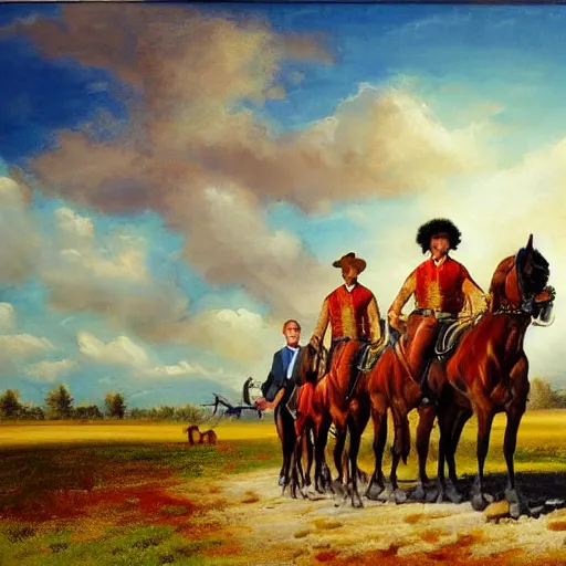 Prompt: portrait of a great plane with horsemen riding through, by Bob Ross