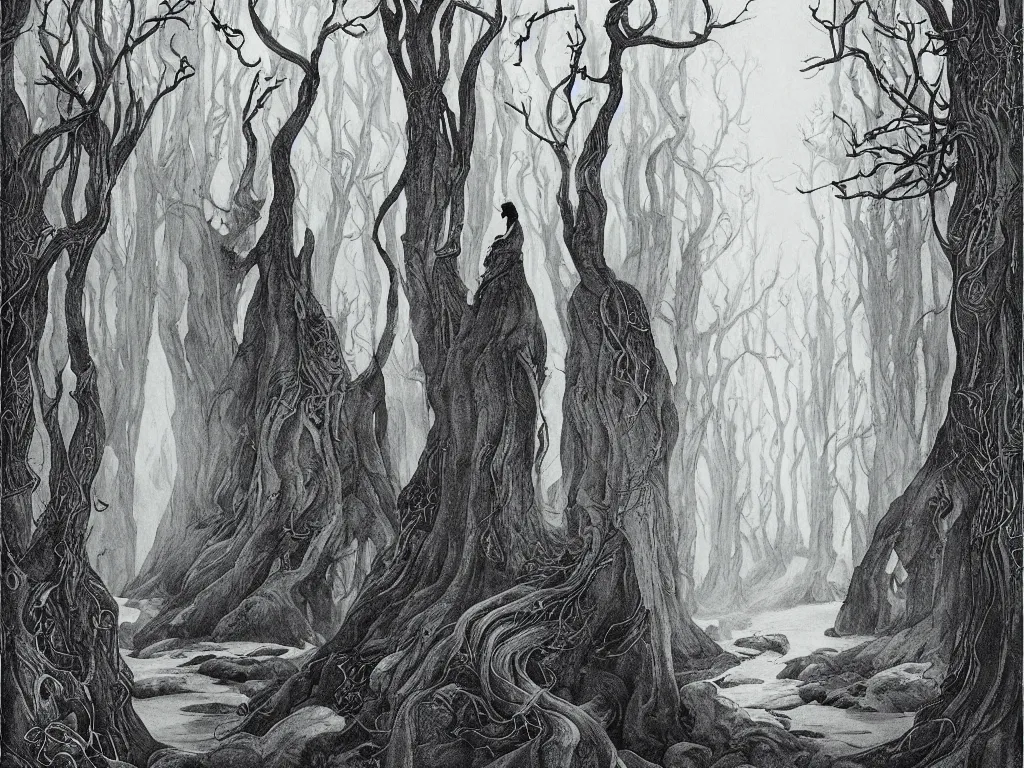 Image similar to ancient forest, artstation, by aubrey beardsley, by caspar david friedrich, by laurie lipton, by kay nielsen, by ivan shishkin, calligraphy, divine, spiritual, paradox, mysterious!, atmospheric, surreal, terrifying, witchcraft!, hope, mountains! background