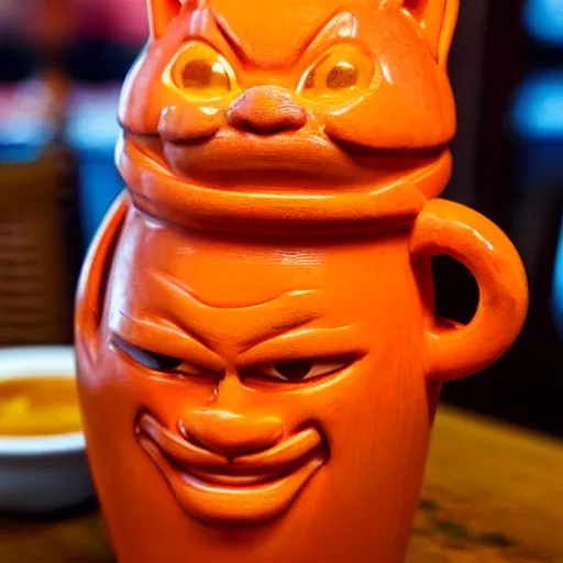 Image similar to a closeup photorealistic photograph of an orange cat garfield style tiki mug at a trader vic's restaurant with garfield's face on the front. tiki party. bright scene. fine detail. this 4 k hd image is trending on artstation, featured on behance, well - rendered, extra crisp, features intricate detail, epic composition and the style of unreal engine.