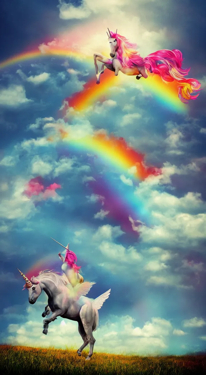 Image similar to Flying unicorn spotting rainbow, concept art, cinematic, colorful, pop