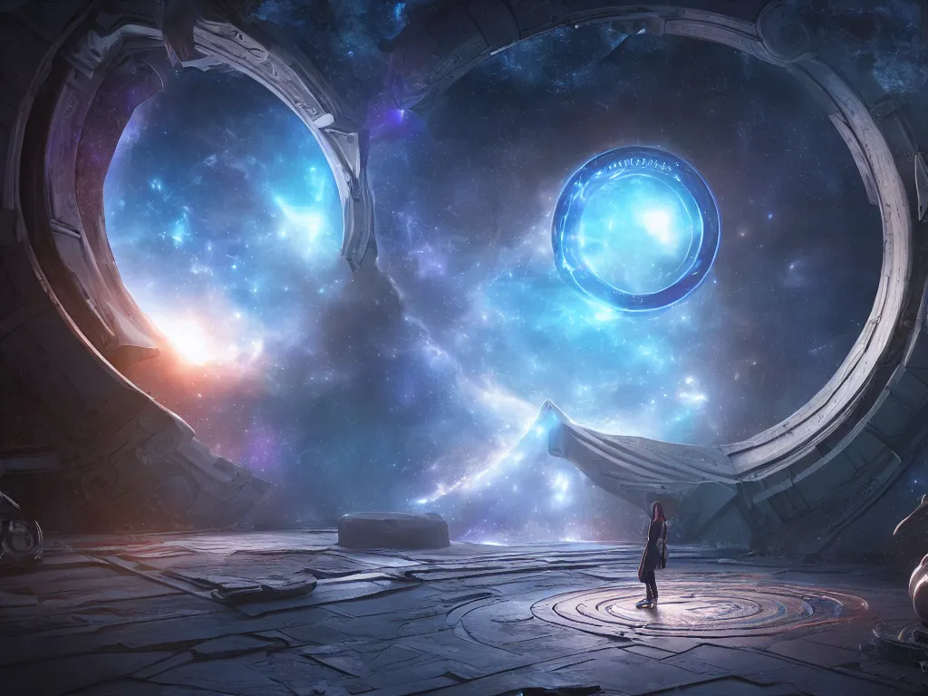 Image similar to an ultra realistic fantasy art of an amazing galactic astrological portal of achieved dreams, epic scale ultrawide angle, 3D rendered, Vray rendered, octane render, unreal engine
