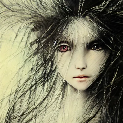 Image similar to yoshitaka amano blurred and dreamy realistic illustration of an anime girl with wavy white hair and cracks on her face wearing elden ring armour with the cape fluttering in the wind, abstract black and white patterns on the background, noisy film grain effect, highly detailed, renaissance oil painting, weird portrait angle