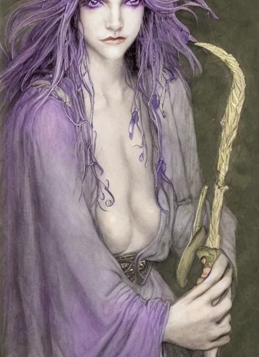 Image similar to portrait of young female sorceress of the endtimes, transluscent skin, lavender hair, beautiful! coherent! dungeons and dragons character, by brian froud, strong line, cool night color, high contrast