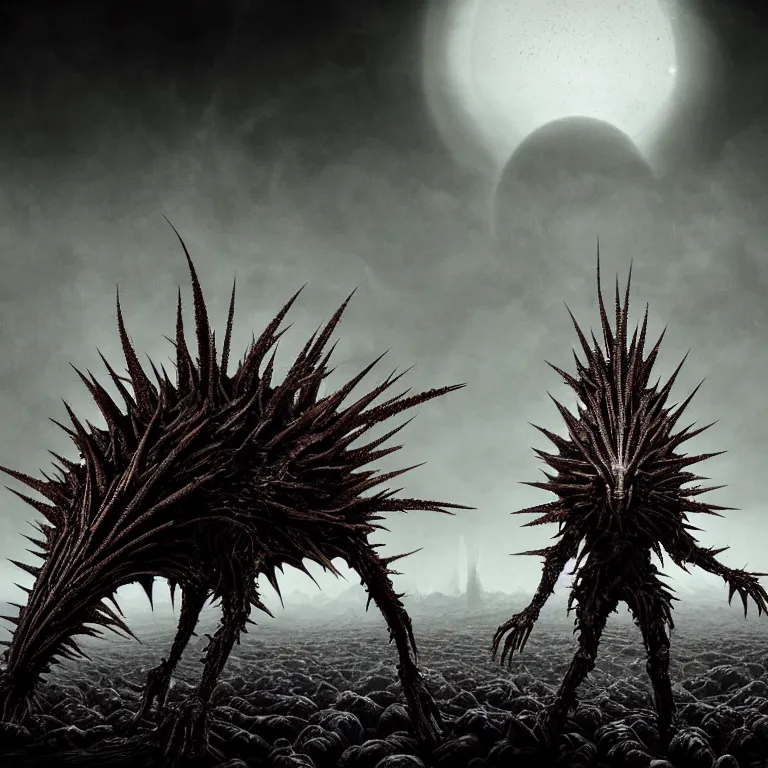 Image similar to ribbed symmetrical surreal spiky spinal abandoned alien on exoplanet, covered with spikes, in a desolate empty wasteland, creepy, nightmare, dream-like heavy atmosphere, surreal abandoned buildings, beautiful detailed intricate insanely detailed octane render trending on Artstation, 8K artistic photography, photorealistic, chiaroscuro, Raphael, Caravaggio, Beksinski, Giger