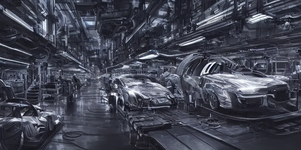 Image similar to 3 d concept art, carbon fiber automobile production line of hydrogen power energy, science fiction, beautiful, cinematic lighting, intricate details, octane rendering, trending on artstation, featured on behance.