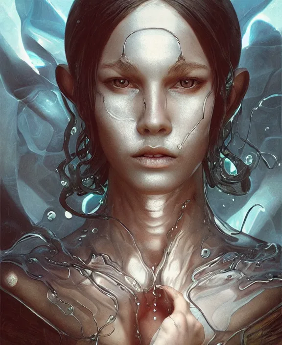 Image similar to portrait of a shining slime dripping geometric angular genderless insect alien monster, muscles, rippling, space warping and twisting, ultra realistic, concept art, intricate details, eerie, highly detailed, photorealistic, octane render, 8 k, unreal engine. art by artgerm and greg rutkowski and alphonse mucha