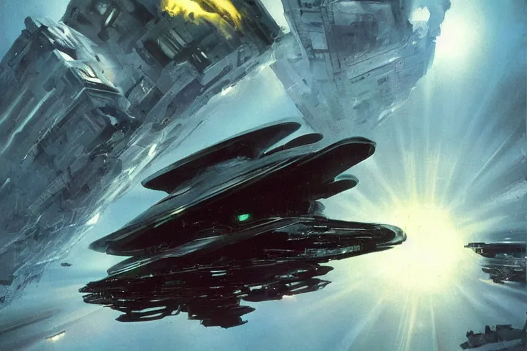 Prompt: a black alien spaceship descending on earth, weird angles, cinematic, shadows, 4 k, detailed, by john berkey!!!!!! and peter jackson and ridley scott and beeple!!! and greg rutowski