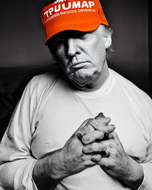 Image similar to closeup portrait of of angry donald trump wearing orange prison pajamas sitting on a bed kissing a bald eagle in a filthy prison, cinematic masterpiece, octane, dramatic lighting, editorial photo, 35mm, very detailed