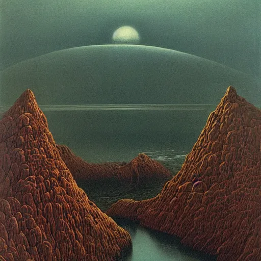 Image similar to A Landscape by Zdzisław Beksiński and Jim Burns