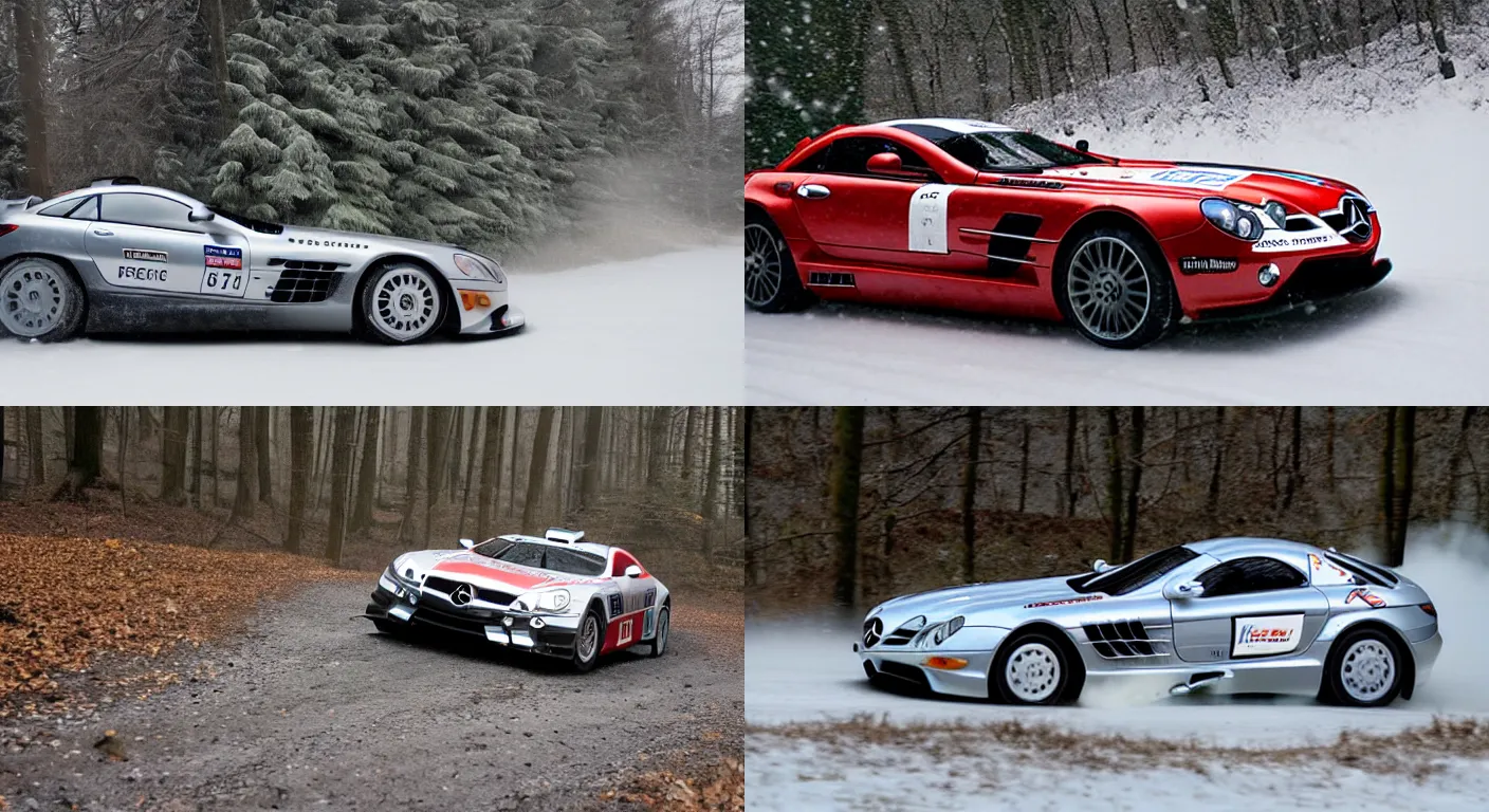 Prompt: a 2 0 0 5 mercedes - benz slr mclaren, racing through a rally stage in a snowy forest