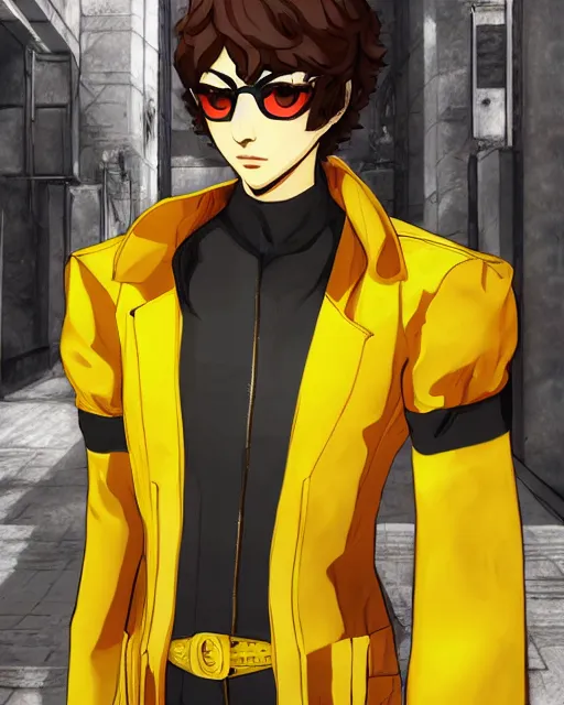 Image similar to Young Arabian half-human wolf. Dressed in yellow cloth. Portrait in Persona 5, Persona 5 style, anime