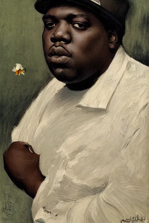 Image similar to portrait of biggie smalls, bloom flowers, modern, eclectic, illustration, by ramon casas