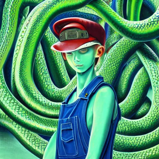 Prompt: 3 d, close - up, fashion model in a blue factory worker's overalls face looking down at the floor eyes sad tentacles instead of hands, green snakes background, soft light, smooth face feature, intricate oil painting, high detail illustration, sharp high detail, manga and anime 1 9 9 9, paper texture