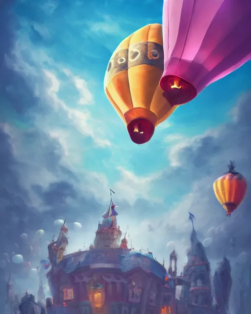 Prompt: flying cloud castle, buildings, baloons, atmosphere, glow, detailed, full of colour, cinematic lighting, trending on artstation, 4 k, hyperrealistic, extreme details, bright, blue sky, mountains, fantasy, masterpiece, art by wylie beckert