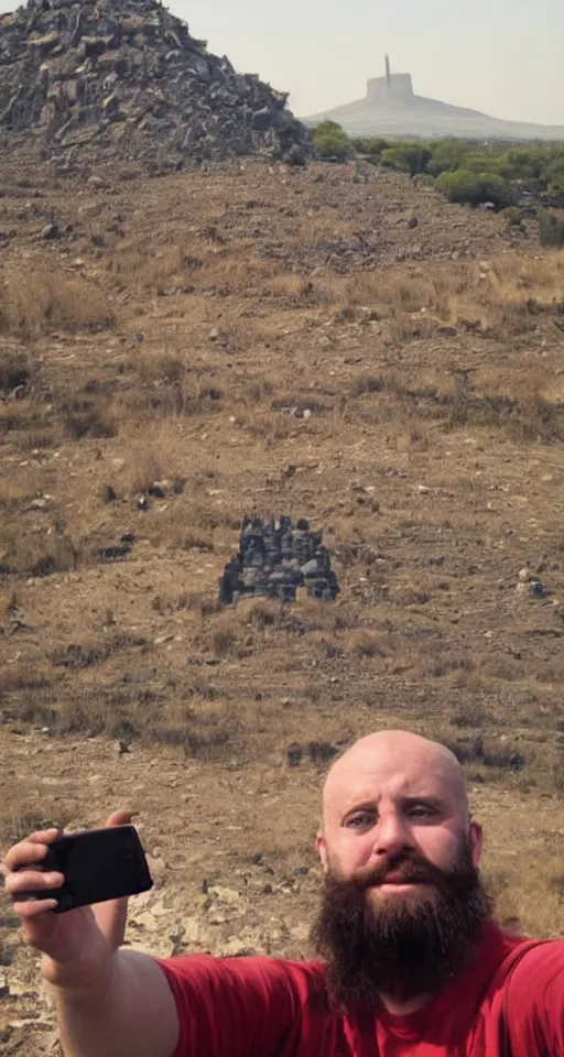 Prompt: man in HAZMAT taking a selfie with Jesus Christ at Golgotha, mountain of skulls in background, realistic old photo, coal dust