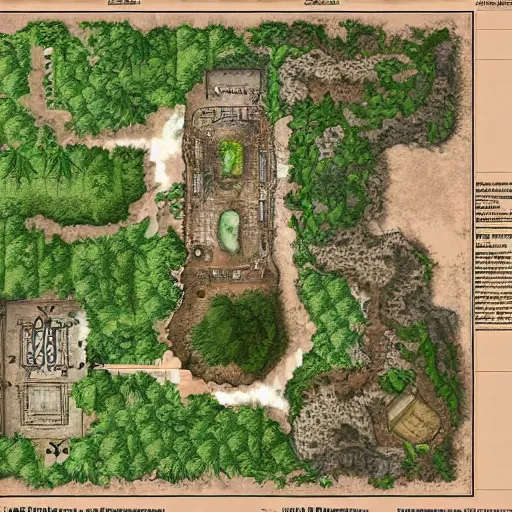 Image similar to dungeon map concept d & d forest, lake, village and build. hyper detailed