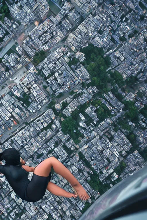 Image similar to hispanic female teen clambing, climber point of view 200m above Paris, at night, downpour, still from Mission Impossible action movie, action scene