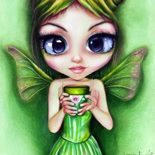 Image similar to chibi Tinkerbell in short green dress with tattered hem, thick heavy eye makeup, bare feet, hungover, coffee cup, lifelike detailed oil painting by Jasmine Becket