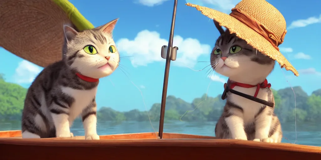 Image similar to a wholesome animation key shot of a cute cat on a fishing boat wearing a sunhat, studio ghibli, pixar and disney animation, sharp, rendered in unreal engine 5, anime key art by greg rutkowski, bloom, dramatic, dynamic lighting