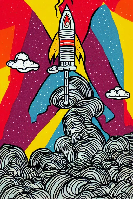 Prompt: mcbess illustration of a rocket ship , rainbow gouache