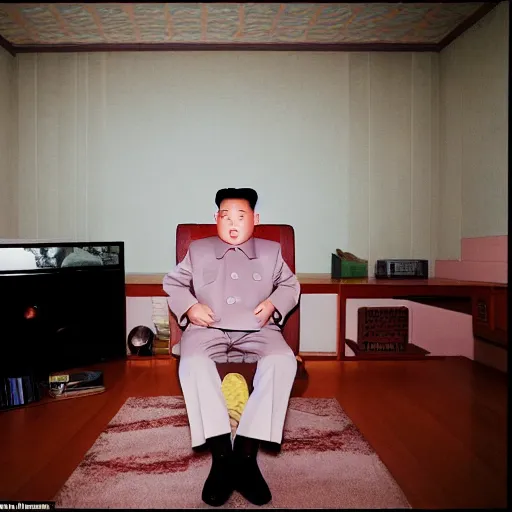 Prompt: hyperralism araki hobuyoshi style photography of detailed north korean kim chen with perfect face playing xbox in basement bedroom