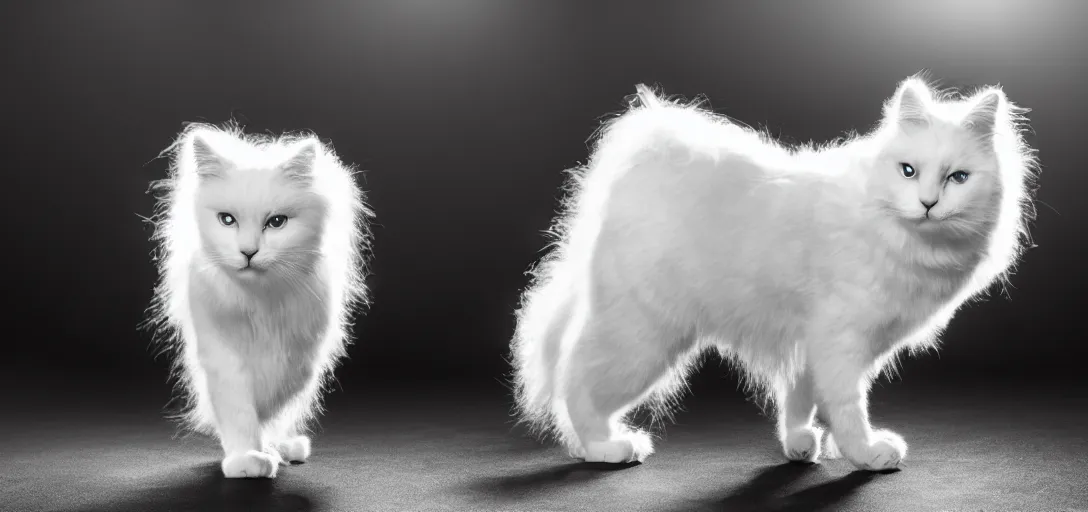 Image similar to a dancing white fluffy cat, dramatic lighting, black and white, 4 k, ultra detailed, blue eyes, professional portrait