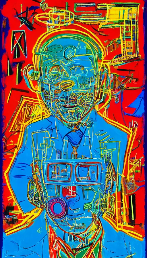 Prompt: a cyberpunk portrait of buckmeister fuller by peter max, by jean - michel basquiat by hayao miyazaki, highly detailed, sacred geometry, mathematics, snake, geometry, cyberpunk, vibrant, water