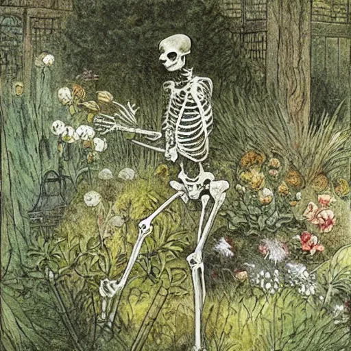 Prompt: garden skeleton by Beatrix Potter