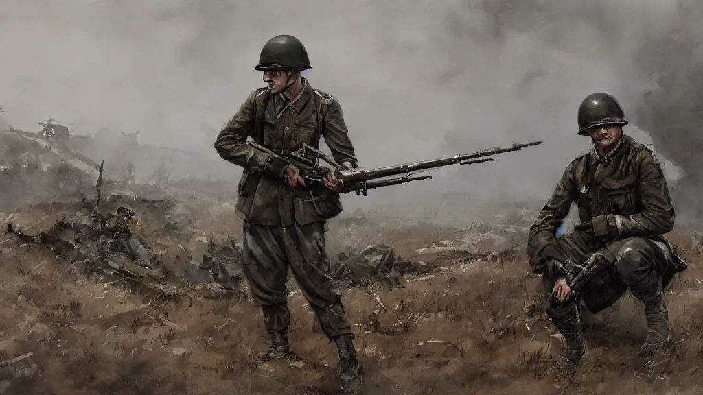 Image similar to view of a WW2 soldier manning a machine gun in a defensive position, watercolored, jakub rozalski, dark colours, dieselpunk, artstation
