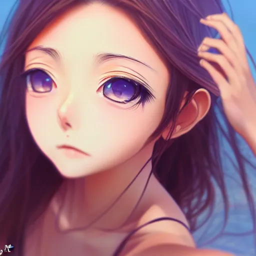 Prompt: beautiful serene intricate very detailed portrait of a realistic anime girl taking a selfie, smiling softly, wearing light loose clothing, relaxing on the beach, golden hour, soft focus, 8 k, art by irakli nadar, hyperrealism, hyperdetailed, ultra realistic