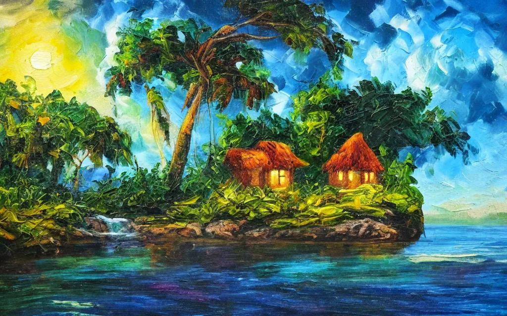 Image similar to a small island surrounded by water with a cozy cottage, with a garden courtyard, tropical forest, river, waterfall, sunset, puffy clouds, dramatic and dynamic lighting, thick brush strokes oil impasto painting