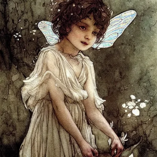 Prompt: a cute little girl fairy with a mischievous face and short brown wavy curly hair. well composed, clean elegant painting, beautiful detailed face. art by arthur rackham and greg rutkowski